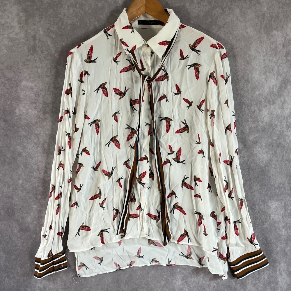 Zara Basic Blouse Women Large White Bird Print Bow Tie Neck Striped Cuffs